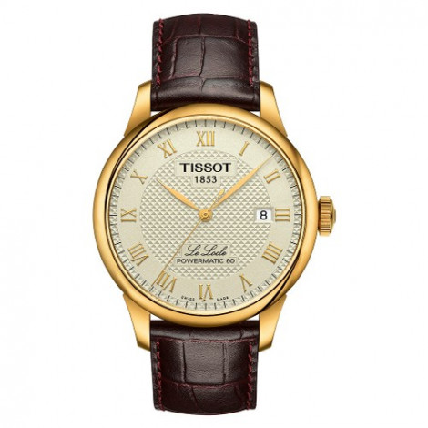 Szwajcarski, elegancki zegarek męski Tissot Le Locle Powermatic 80 T006.407.36.263.00 (T0064073626300) na brązowym pasku
