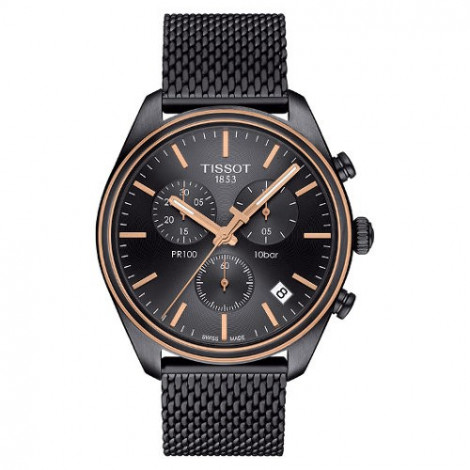 Szwajcarski, elegancki zegarek męski TISSOT PR 100 CHRONOGRAPH T101.417.23.061.00 (T1014172306100) na bransolecie typu mesh