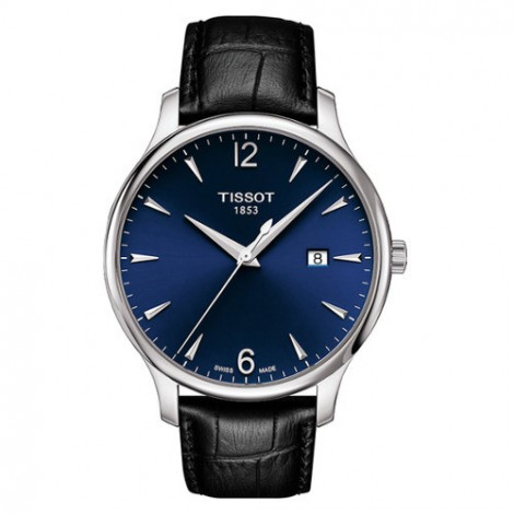 Szwajcarski, klasyczny zegarek męski TISSOT TRADITION GENT T063.610.16.047.00 (T0636101604700) na pasku z niebieską tarczą