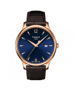 Szwajcarski, klasyczny zegarek męski TISSOT TRADITION GENT T063.610.36.047.00 (T0636103604700) na pasku z niebieską tarczą