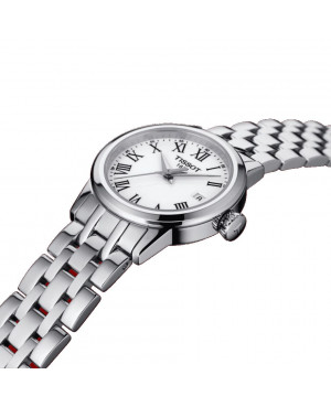 TISSOT T129.210.11.013.00 zegarek elegancki z rzymskimi cyframi z białą tarczą na bransolecie SWISS MADE