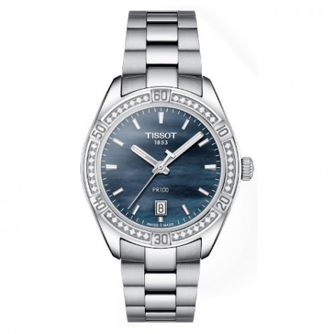 Szwajcarski, klasyczny zegarek damski TISSOT PR 100 Sport Chic T101.910.61.121.00 (T1019106112100) z diamentami szafirowe szkło