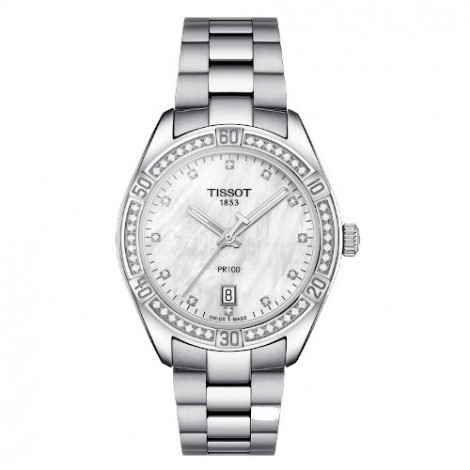 Szwajcarski, klasyczny zegarek damski TISSOT PR 100 Sport Chic  T101.910.61.116.00 (T1019106111600) z diamentami szafirowe szkło