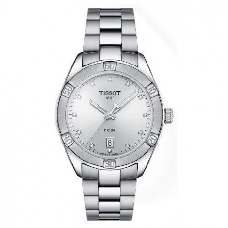 Szwajcarski, klasyczny zegarek damski TISSOT PR 100 Sport Chic T101.910.11.036.00 (T1019101103600) z diamentami na bransolecie