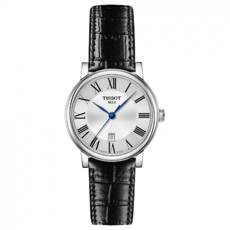 Szwajcarski, klasyczny zegarek damski TISSOT Carson Premium Lady T122.210.16.033.00 (T1222101603300) na czarnym pasku z cyframi