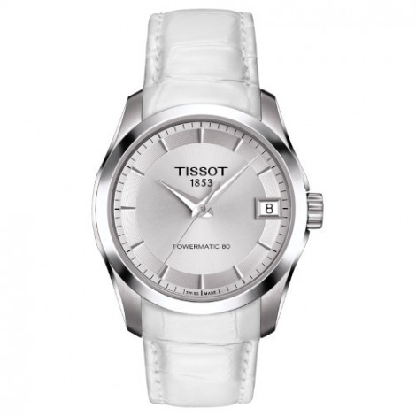 Szwajcarski, klasyczny zegarek damski TISSOT Couturier POWERMATIC 80 LADY T035.207.16.031.00 (T0352071603100) na białym pasku