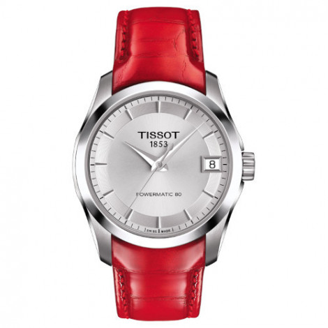 Szwajcarski, elegancki zegarek damski TISSOT Couturier POWERMATIC 80 LADY T035.207.16.031.01 (T0352071603101) na czerwonym pasku