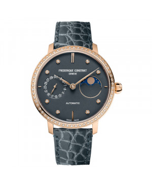 Szwajcarski biżuteryjny zegarek damski FREDERIQUE CONSTANT Slimline Moonphase Manufacture FC-702DND3SD4