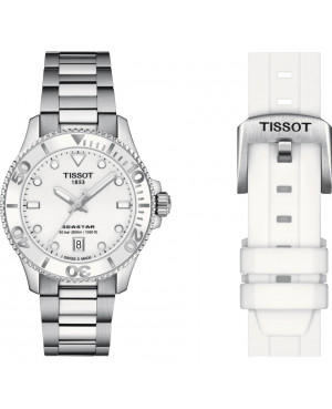 Szwajcarski sportowy zegarek damski TISSOT Seastar 1000 T120.210.11.011.00 z dodatkowym białym gumowym paskiem