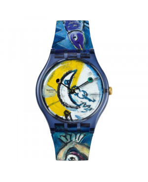 Modowy szwajcarski zegarek Swatch Chagall's Blue Circus SUOZ365