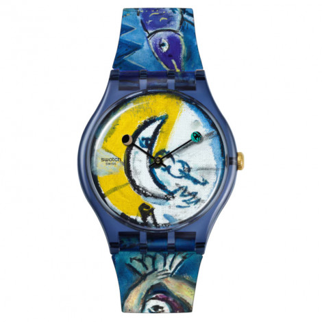Modowy szwajcarski zegarek Swatch Chagall's Blue Circus SUOZ365